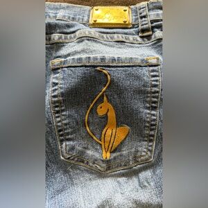 Y2K Vintage 2000’s Baby Phat Blue Denim Cropped Jeans with Gold Cat Logo Patch